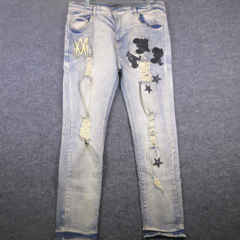 AMIRI Jeans Mens 36x29 Blue Distressed Skinny Embroidered Star Patch Denim USA